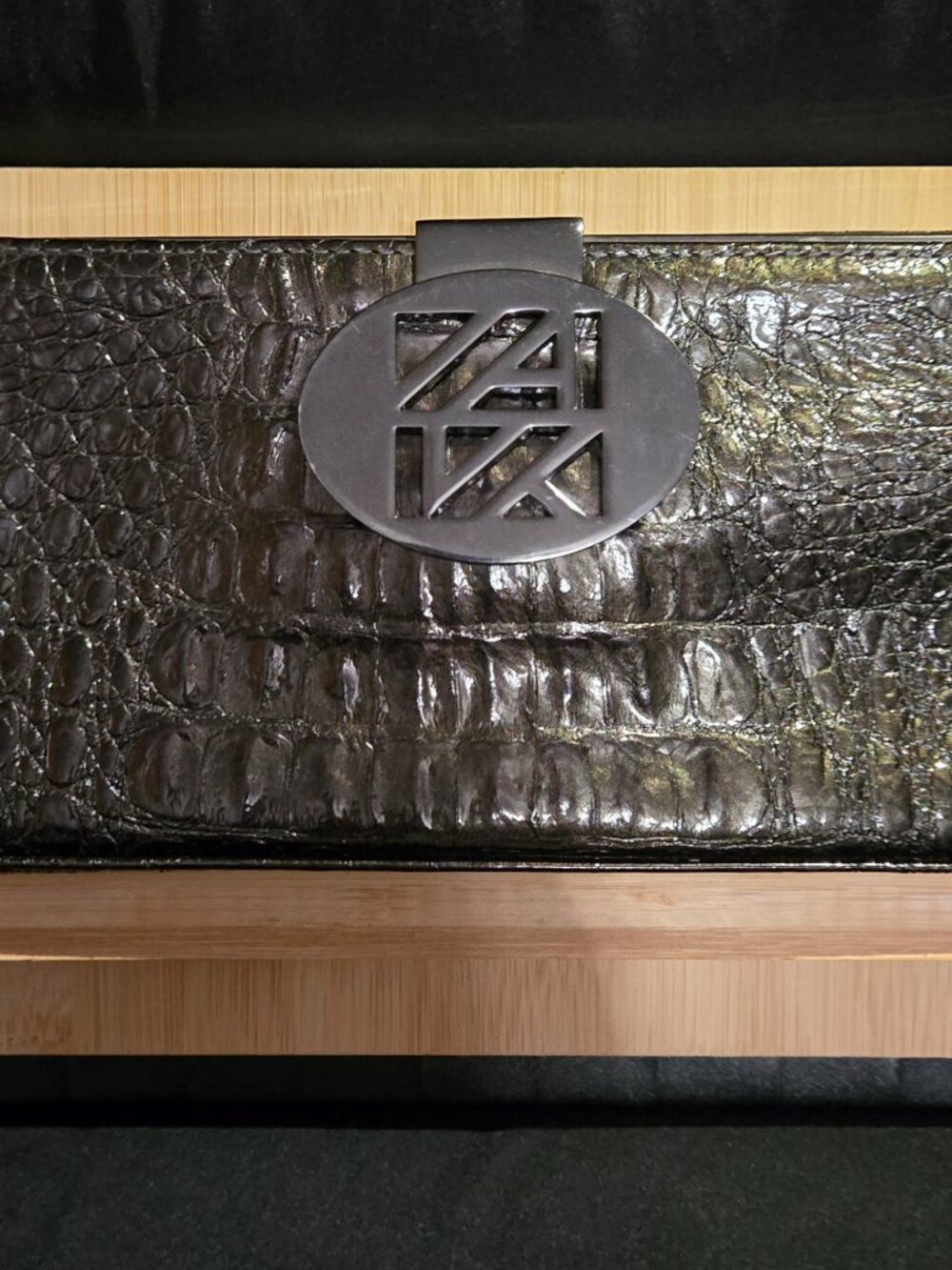 Anne Klein Black Genuine Leather Croc Embossed Frame Clutch Evening Bag